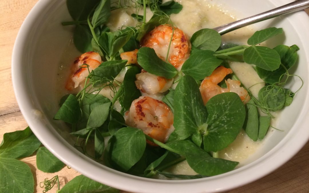 Spring Chowder with Sautéed Shrimp and Pea Shoots